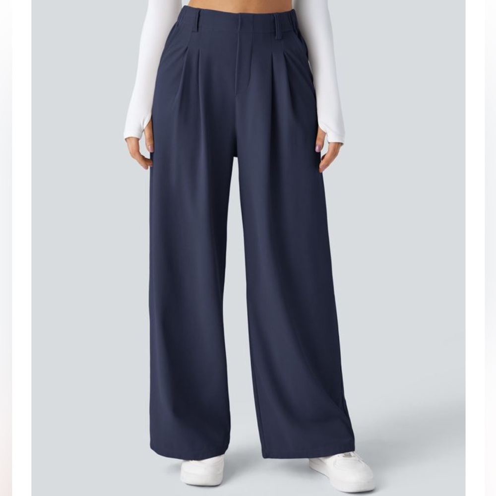 Wide Leg Navy Trousers - Classic High-Waist Pants - Picture 9 of 12